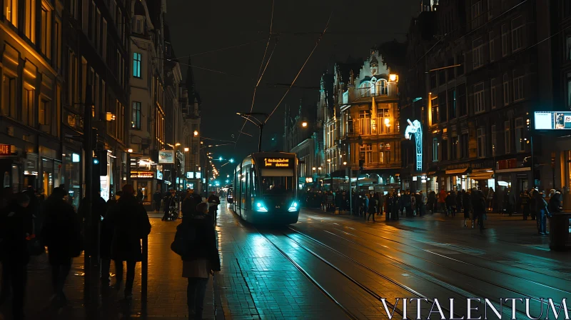 Urban Night Scene with Tram and Streetlights AI Image