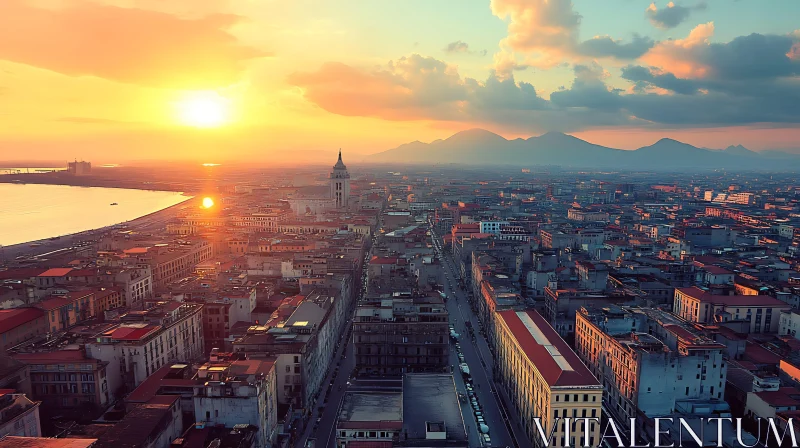 Golden Hour over Urban Landscape with Scenic Backdrop AI Image