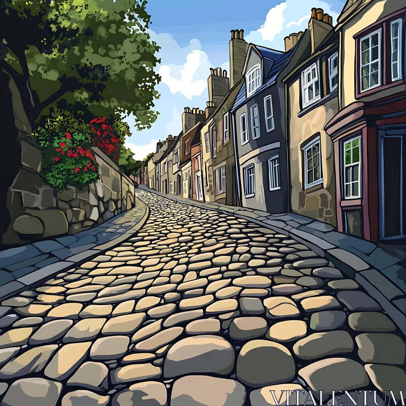 AI ART Picturesque Cobblestone Street with Rustic Houses