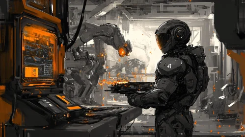 High-Tech Armored Figure in a Futuristic Lab