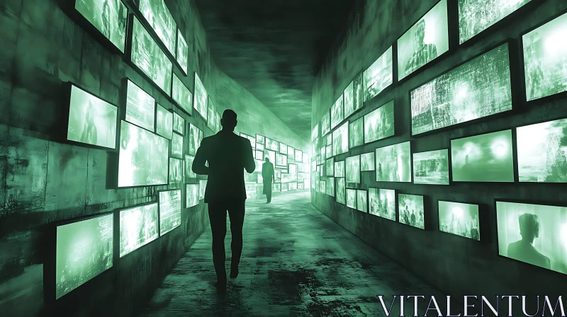 Enigmatic Passageway with Digital Displays AI Image