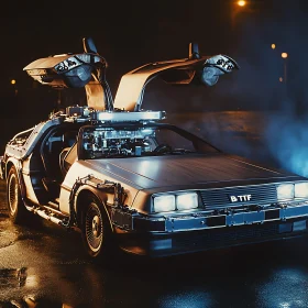 Futuristic DeLorean with Open Gullwing Doors at Night