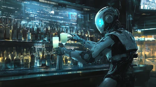 Cyberpunk Robot Preparing Drinks at a Bar