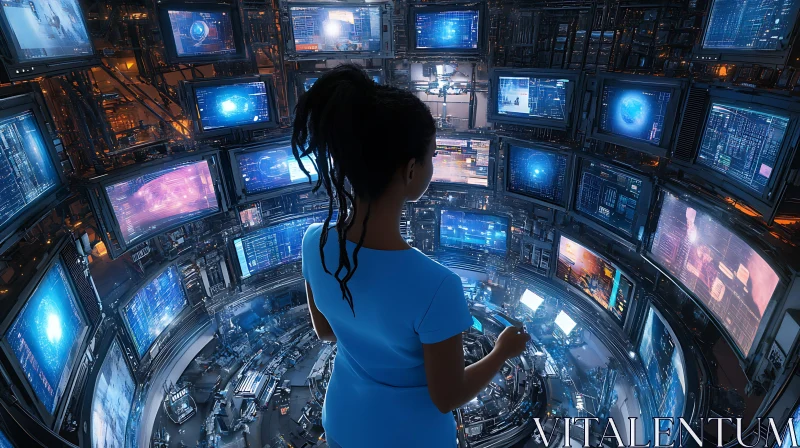 AI ART Woman in High-Tech Control Room Surrounded by Screens