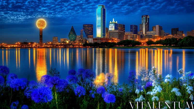 Night City View with Reflective Water and Floral Foreground AI Image