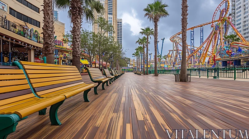 City Boardwalk with Palm Trees and Roller Coasters AI Image