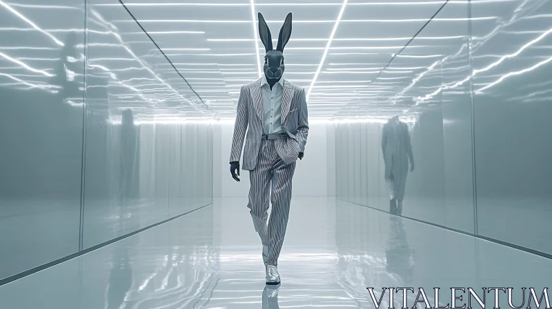 AI ART Man in Suit with Rabbit Mask in Modern Corridor