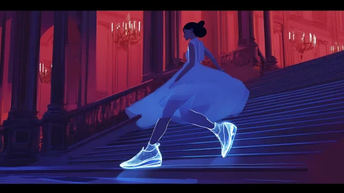 Futuristic Cinderella Descending Elegant Stairs