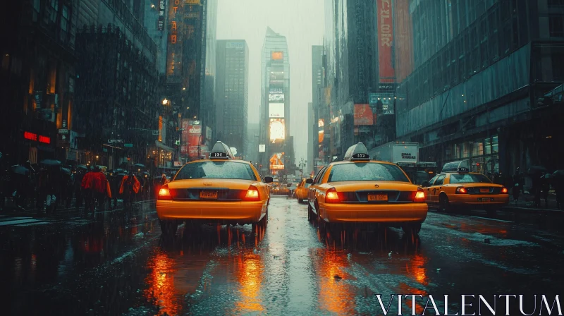 AI ART Urban Rain Night Scene with Taxis