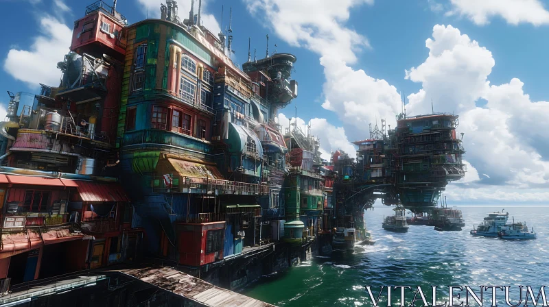 Colorful Futuristic City on Water AI Image