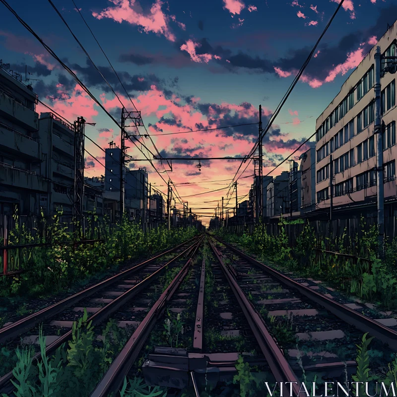 Nature Reclaiming Urban Railroad at Sunset AI Image