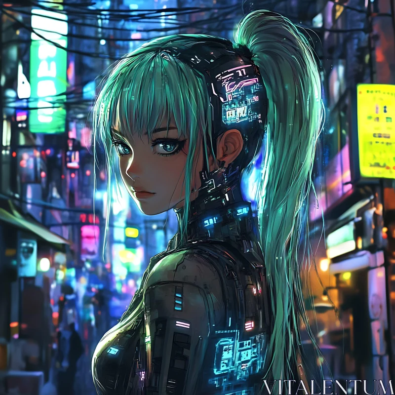 Cybernetic Character in Vibrant Neon Alley AI Image