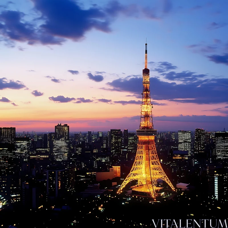 AI ART Cityscape at Dusk with Golden Lit Tower