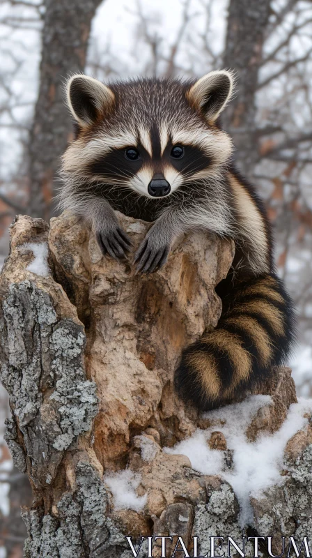 AI ART Raccoon on Snowy Tree Stump