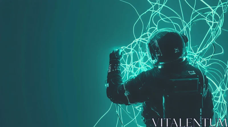 Glowing Neon Wires and Astronaut in Teal Light AI Image