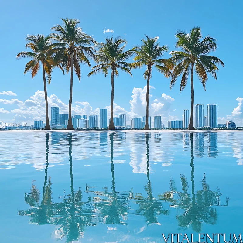 Calm Palm Trees and Urban Skyline Reflection AI Image