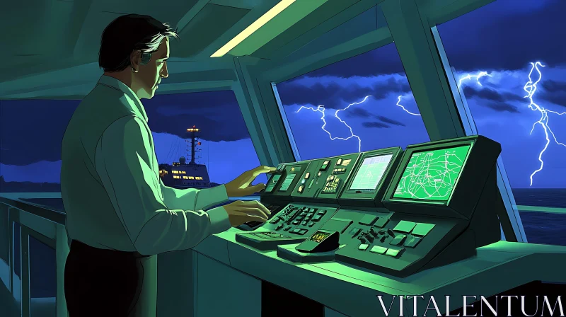 Ship Control Room Amidst a Storm AI Image