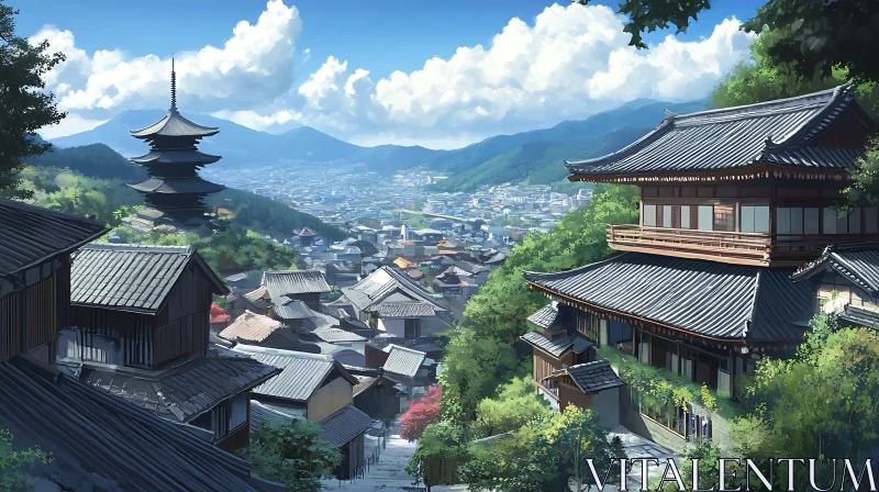 Breathtaking Japanese Town with Pagoda and Mountains AI Image