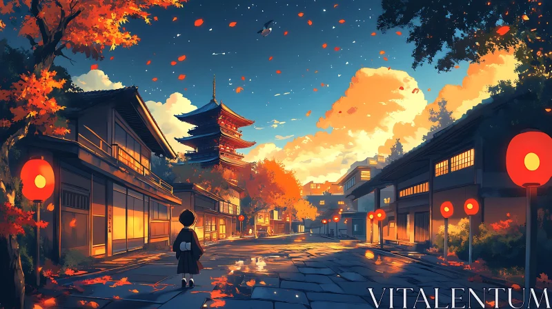 Anime Street with Pagoda and Lanterns in Autumn AI Image