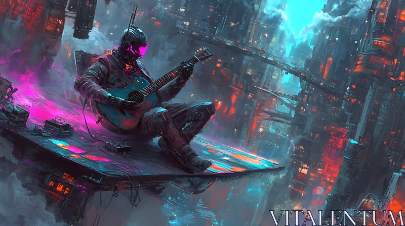 AI ART Cyberpunk Guitarist in Neon Cityscape