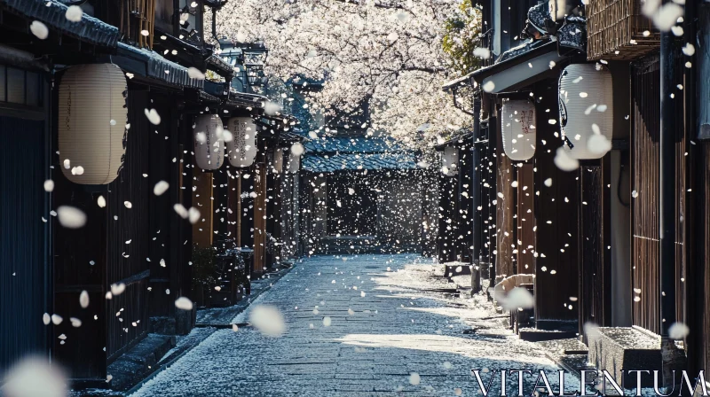 Tranquil Japanese Alley with Sakura Petals AI Image