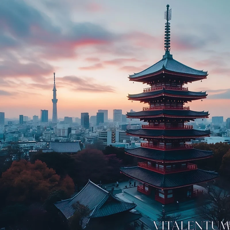 Japanese Pagoda and City Skyline at Sunset AI Image