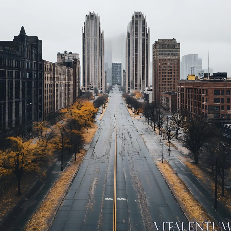 Empty City Street Flanked by Tall Buildings and Autumn Trees AI Image