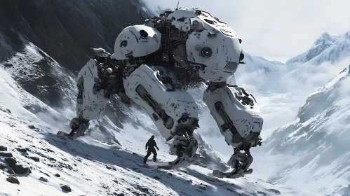 Giant Robot Amidst Snowy Peaks