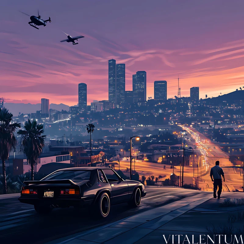 Sunset Over Urban Skyline with Busy Road AI Image