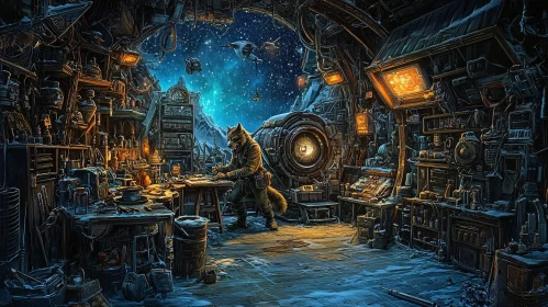 Extraterrestrial Fox Working in a Detailed Workshop