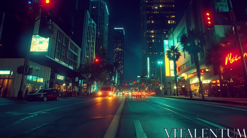 Cityscape at Night with Illuminated Buildings and Street AI Image