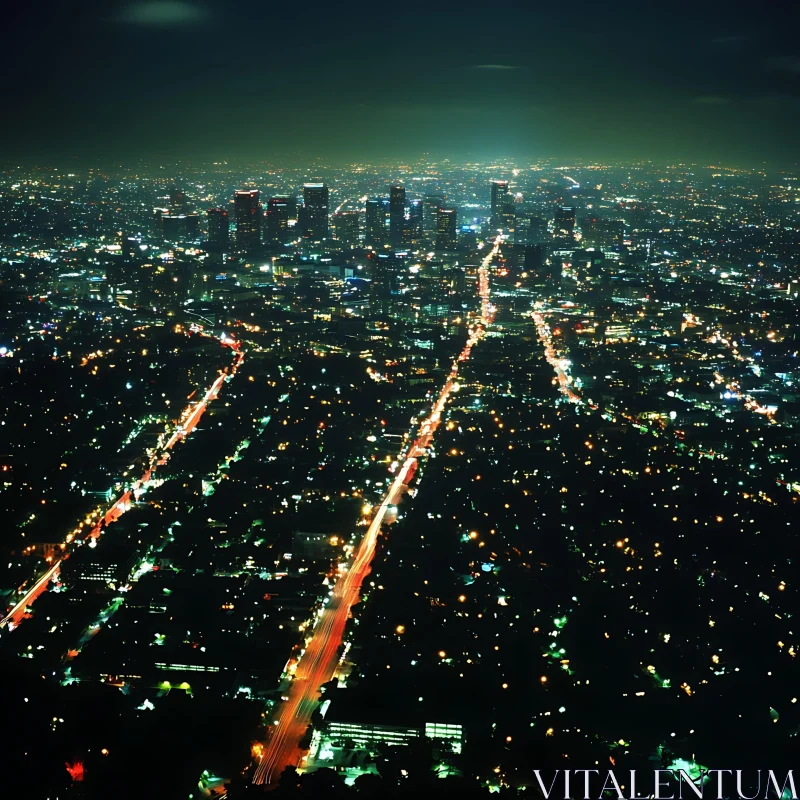 Aerial Nightscape of a Bustling City AI Image