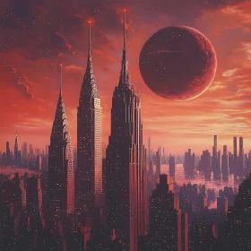 Cosmic Urban Skyline with Skyscrapers and Red Sky