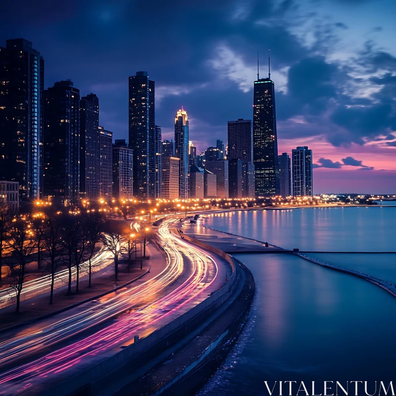 AI ART Urban Nightscape with Illuminated Buildings and Car Lights