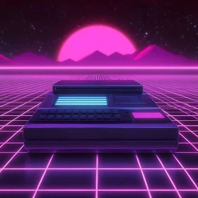 80s Synthwave Electronic Device with Neon Sunset