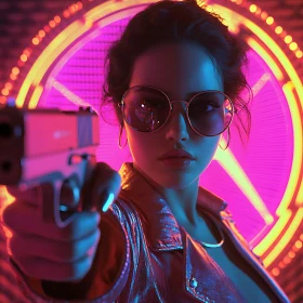 Neon Lit Woman Holding Gun