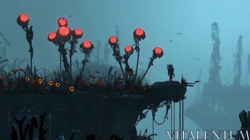 Mysterious Misty Landscape with Glowing Flora AI Image