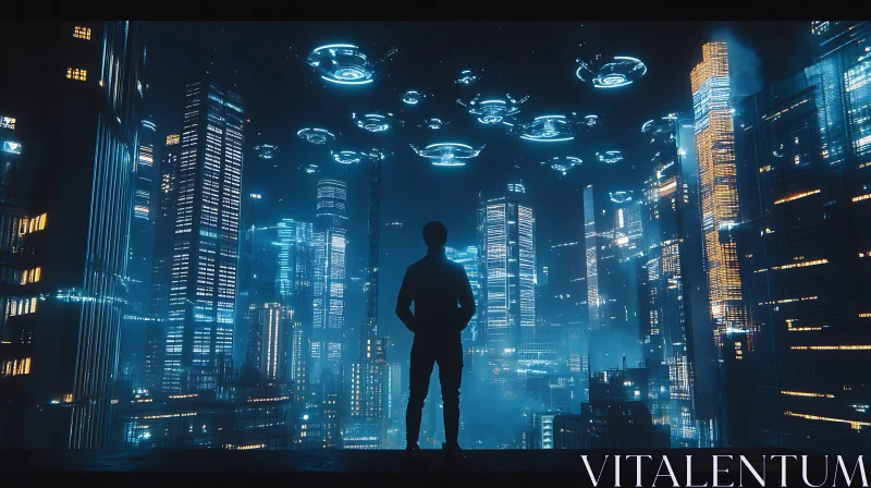 AI ART Shadowy Silhouette in Futuristic City with Hovering UFOs