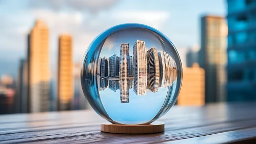 City Skyline Reflected in Glass Sphere