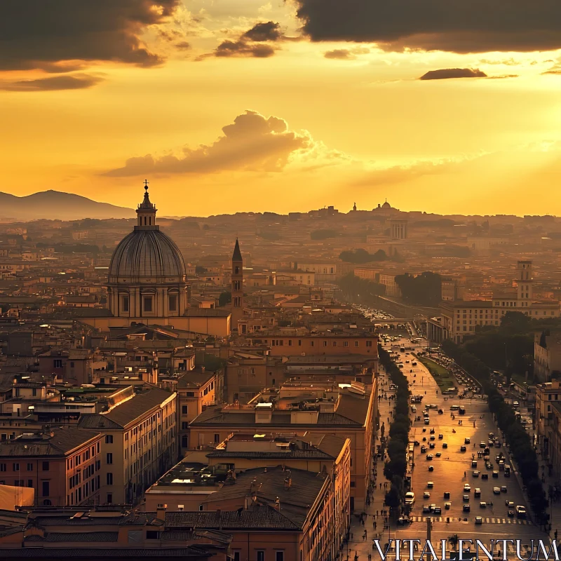 Cityscape at Sunset with Glowing Golden Hue AI Image