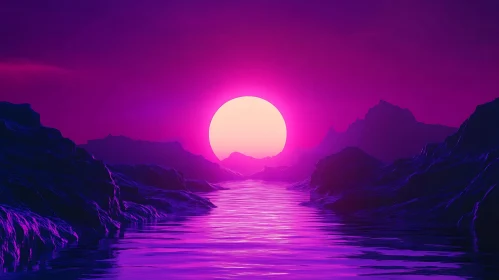 Radiant Mountain Sunset with Purple Sky