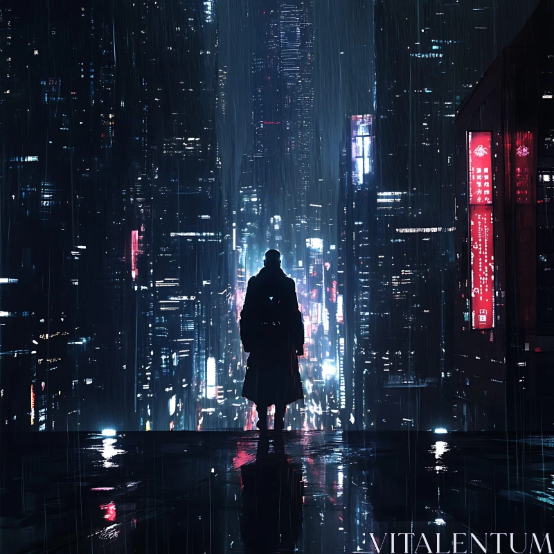 Mysterious Figure in Cyberpunk Cityscape at Night AI Image