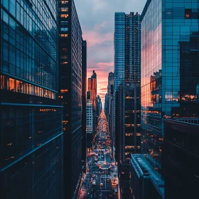 Sunset in the City Between Skyscrapers