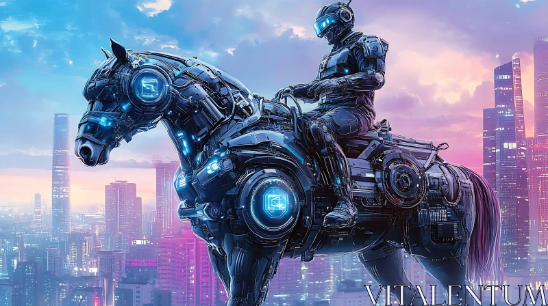 AI ART Cyborg Rider on Robotic Horse Amidst Cityscape