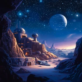 Alien Desert Landscape with Space Colony