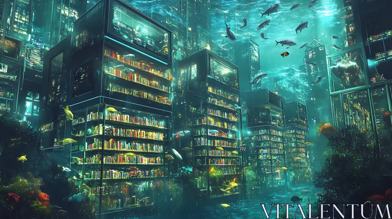 Underwater Libraries with Aquatic Creatures AI Image