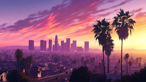 Urban Landscape with Sunset and Palm Trees