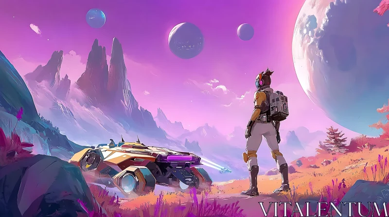 Alien Landscape with Space Explorer and High-Tech Vehicle