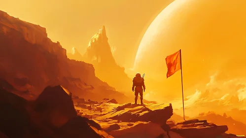 Lone Astronaut Exploring an Alien Landscape with Red Flag