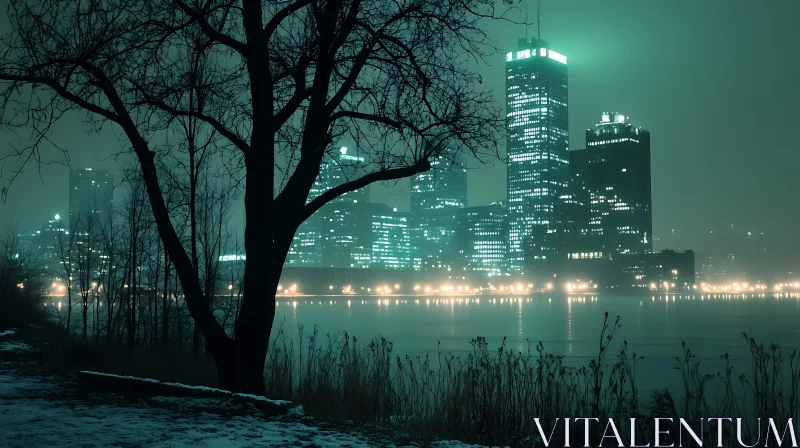 Cityscape at Night with Illuminated Buildings